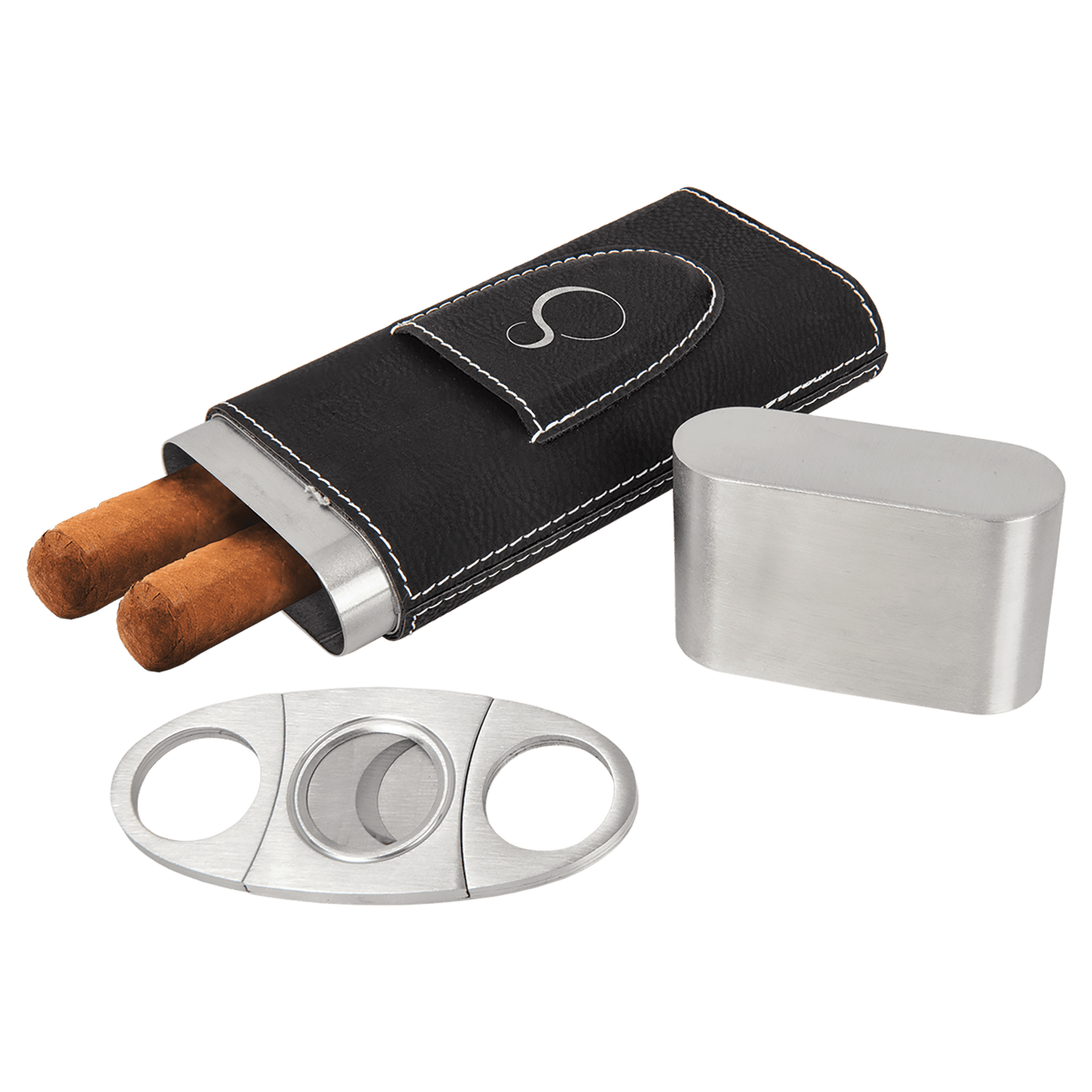 Leatherette cigar holder with cutter custom engraved