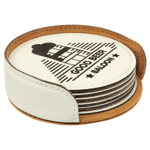 Leatherette roundcoasters with your logo and holder