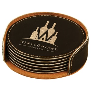 Leatherette roundcoasters with your logo and holder