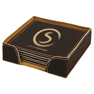 Leatherette square coasters with your logo and holder