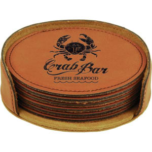 Leatherette roundcoasters with your logo and holder