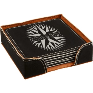 Leatherette square coasters with your logo and holder