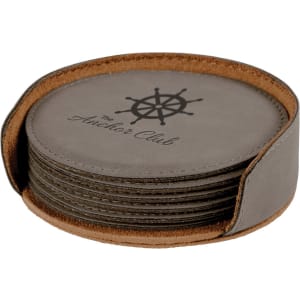 Leatherette roundcoasters with your logo and holder