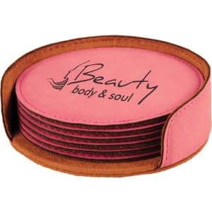 Leatherette roundcoasters with your logo and holder