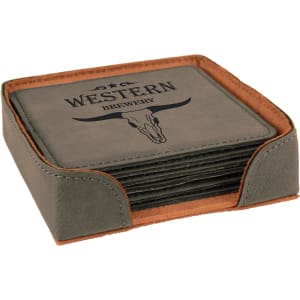 Leatherette square coasters with your logo and holder