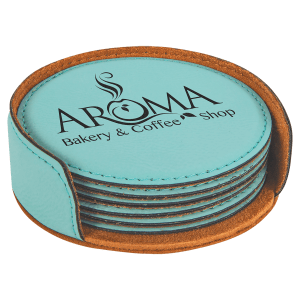 Leatherette roundcoasters with your logo and holder