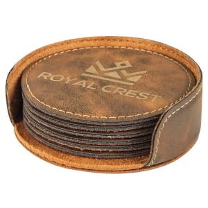 Leatherette roundcoasters with your logo and holder