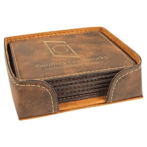 Leatherette square coasters with your logo and holder